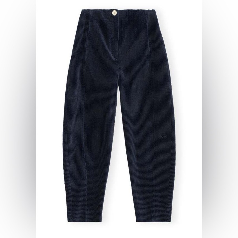 Ganni Navy Corduroy Barrel Leg Pants Mid Rise Scandi Minimalist Trousers, EU 32